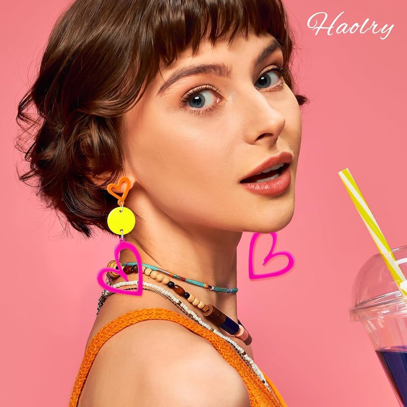 HOLYRY Neon Heart Earrings for Women Acrylic Neon Earrings 80s 90s Outfit for Women Glow Party Accessories Gifts Hot Pink Orange Green Yellow - Image 3